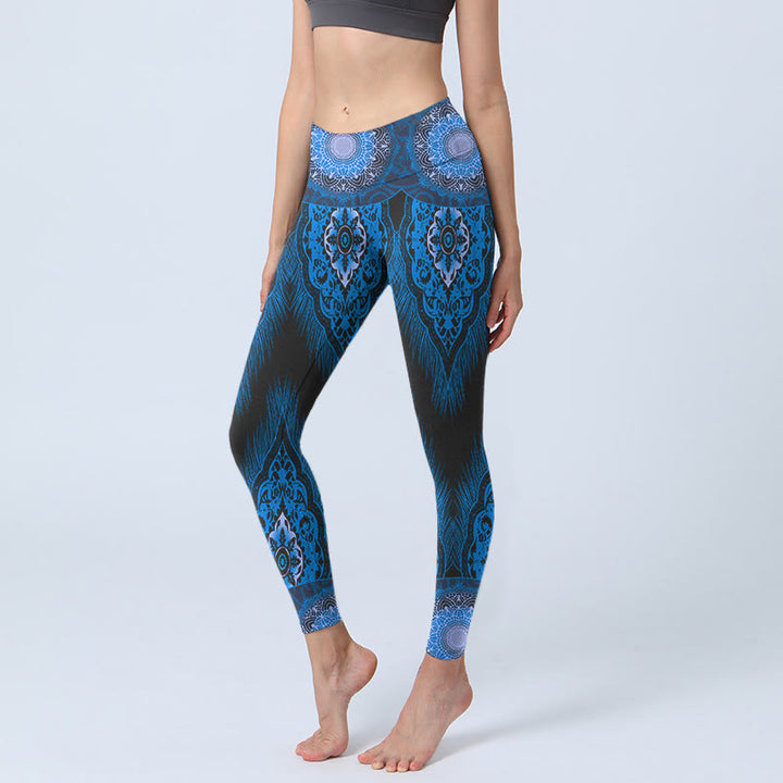 Leggings da palestra con stampa di Buddha Stones Blue Mandala Feathers Pantaloni da yoga da donna