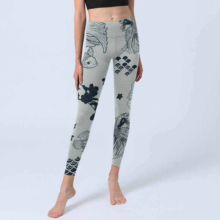 Leggings da palestra con stampa floreale e onde di pesce koi grigio Buddha Stones, pantaloni da yoga da donna