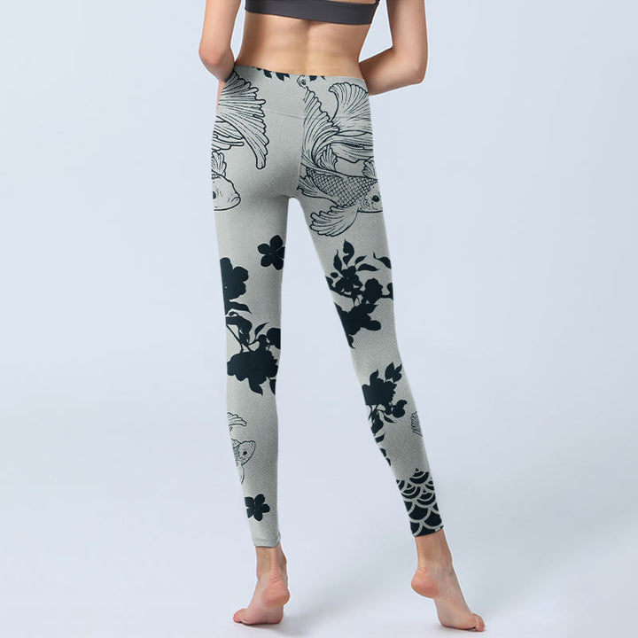Leggings da palestra con stampa floreale e onde di pesce koi grigio Buddha Stones, pantaloni da yoga da donna