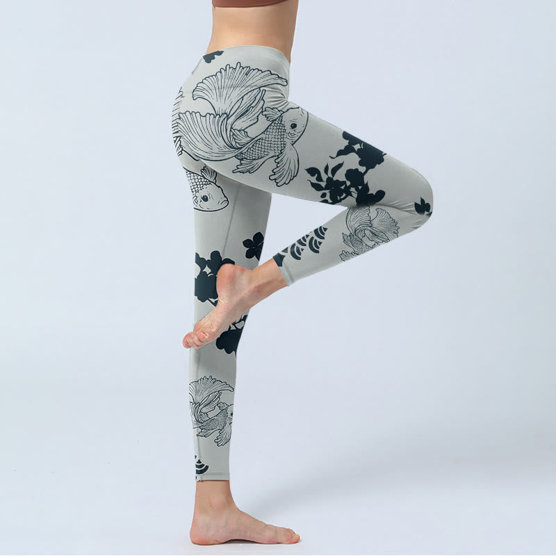 Leggings da palestra con stampa floreale e onde di pesce koi grigio Buddha Stones, pantaloni da yoga da donna