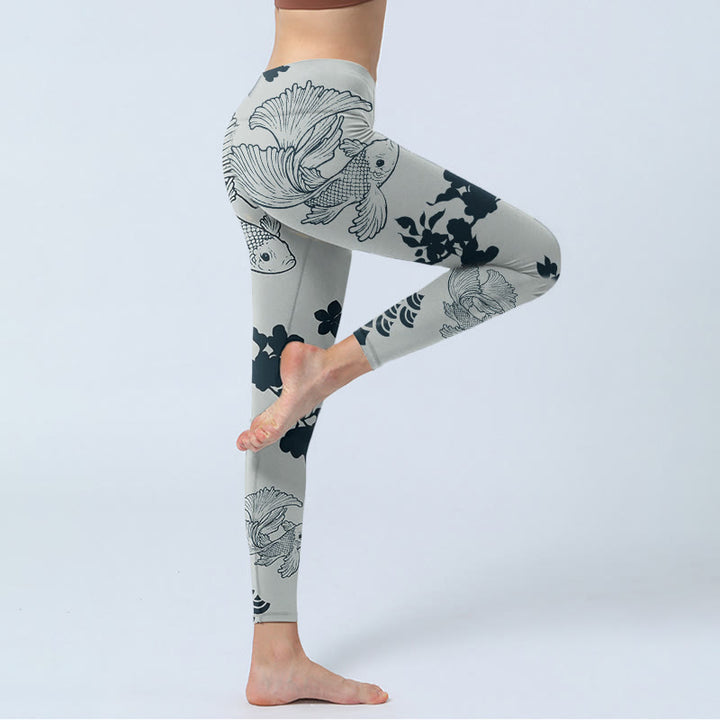Leggings da palestra con stampa floreale e onde di pesce koi grigio Buddha Stones, pantaloni da yoga da donna