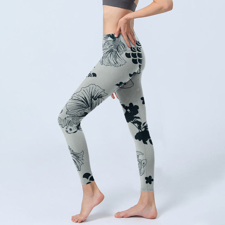 Leggings da palestra con stampa floreale e onde di pesce koi grigio Buddha Stones, pantaloni da yoga da donna