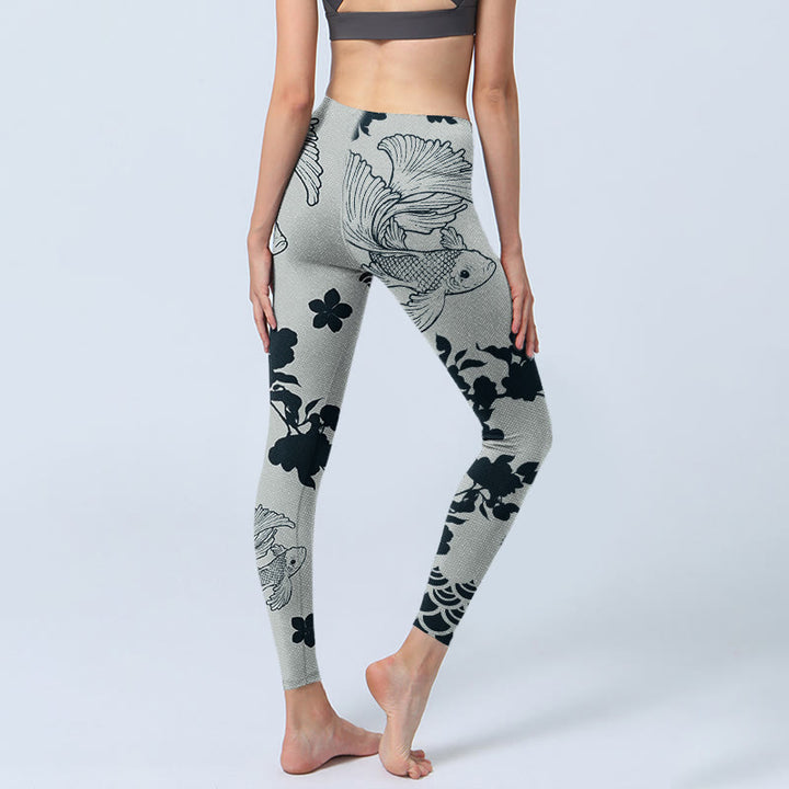 Leggings da palestra con stampa floreale e onde di pesce koi grigio Buddha Stones, pantaloni da yoga da donna