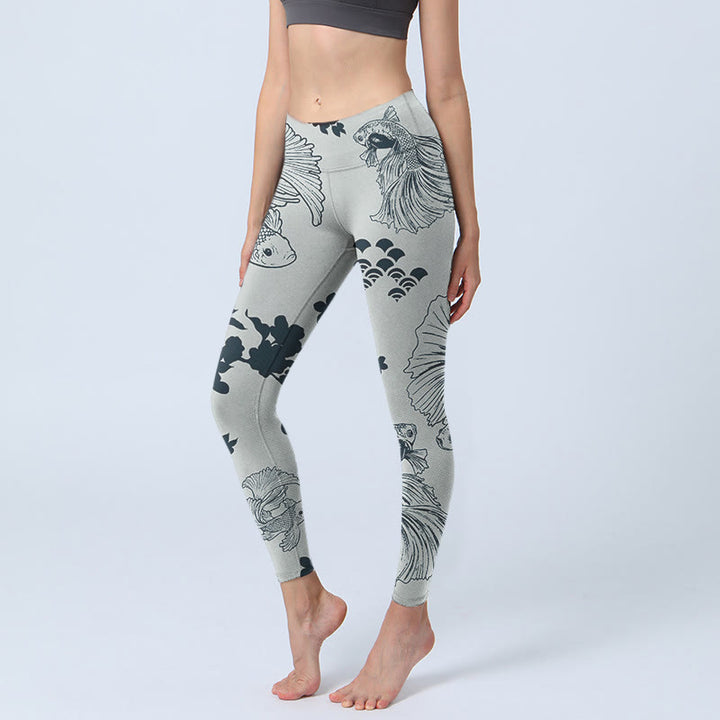 Leggings da palestra con stampa floreale e onde di pesce koi grigio Buddha Stones, pantaloni da yoga da donna