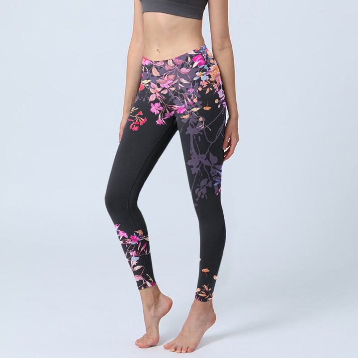Leggings da palestra con stampa floreale e foglie rosa e nere, pantaloni da yoga da donna, Buddha Stones