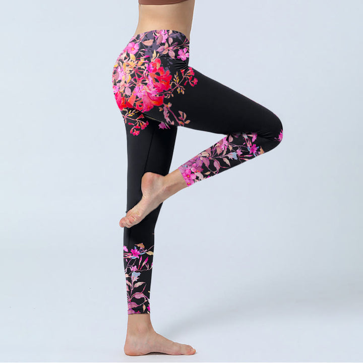Leggings da palestra con stampa floreale e foglie rosa e nere, pantaloni da yoga da donna, Buddha Stones