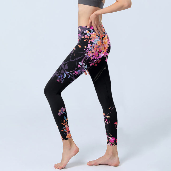 Leggings da palestra con stampa floreale e foglie rosa e nere, pantaloni da yoga da donna, Buddha Stones