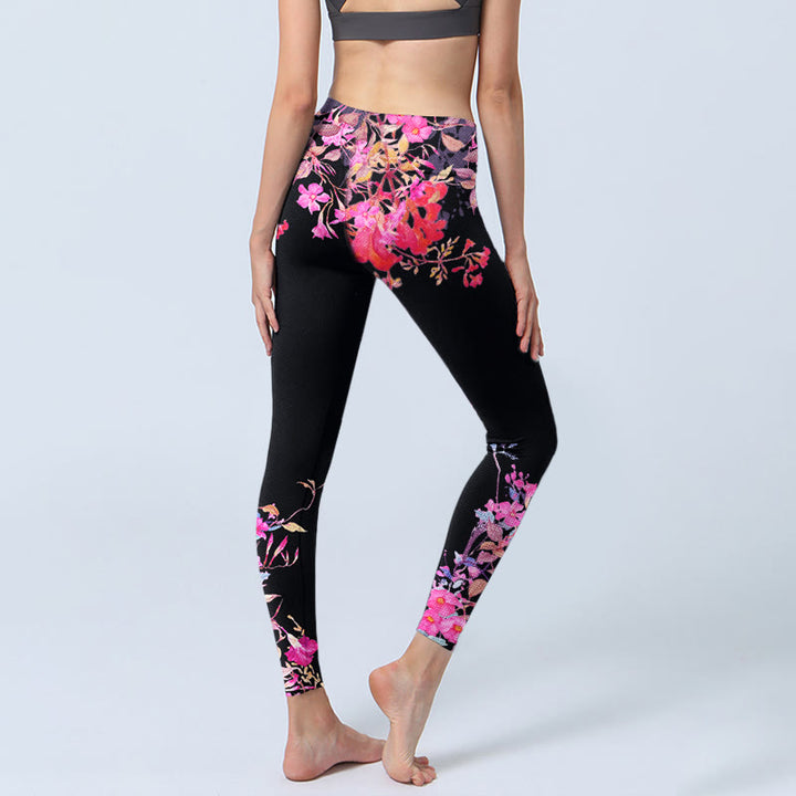 Leggings da palestra con stampa floreale e foglie rosa e nere, pantaloni da yoga da donna, Buddha Stones
