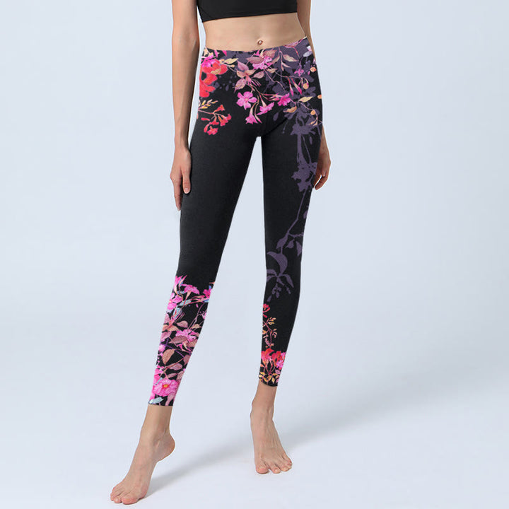 Leggings da palestra con stampa floreale e foglie rosa e nere, pantaloni da yoga da donna, Buddha Stones