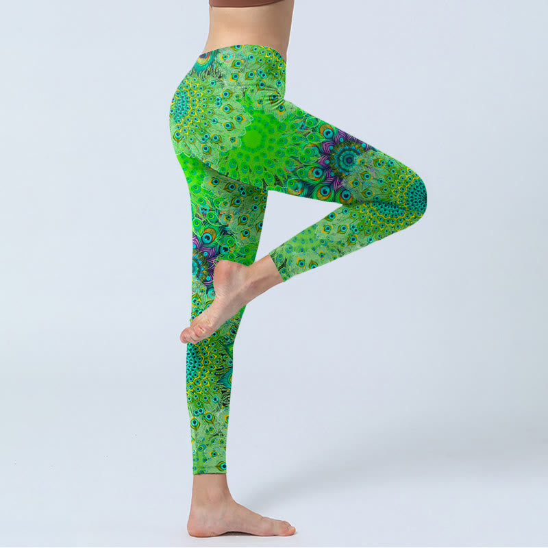 Leggings da palestra con stampa di piume di pavone verde Buddha Stones, pantaloni da yoga da donna