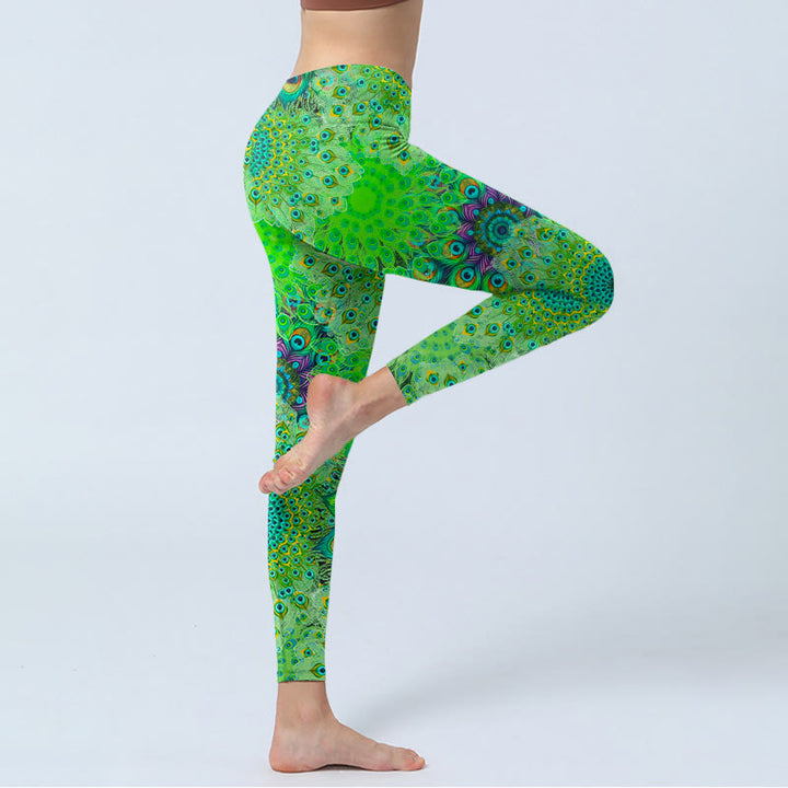 Leggings da palestra con stampa di piume di pavone verde Buddha Stones, pantaloni da yoga da donna