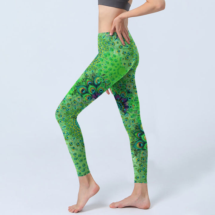 Leggings da palestra con stampa di piume di pavone verde Buddha Stones, pantaloni da yoga da donna