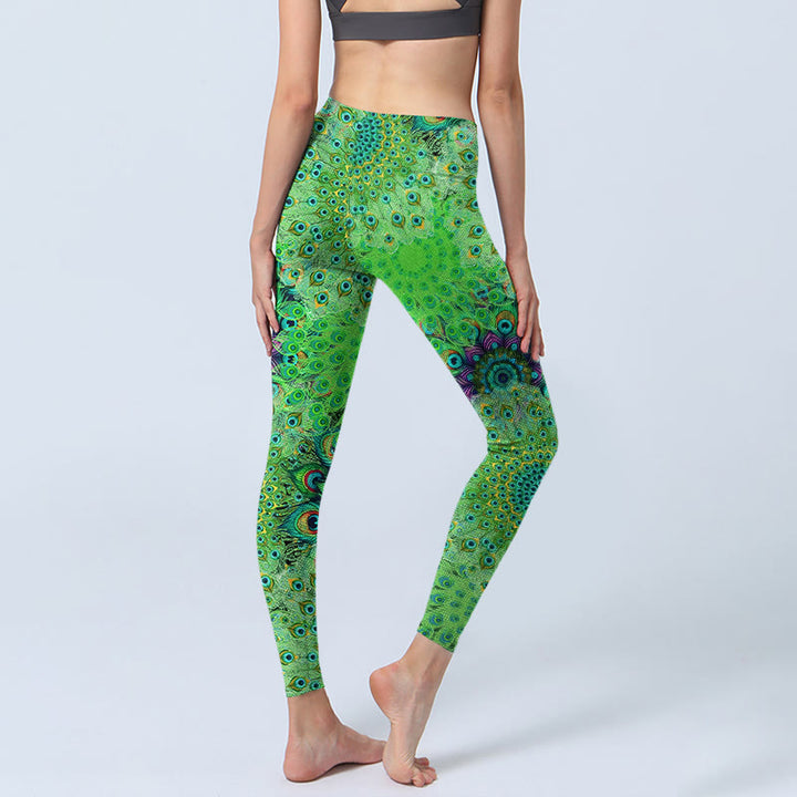 Leggings da palestra con stampa di piume di pavone verde Buddha Stones, pantaloni da yoga da donna