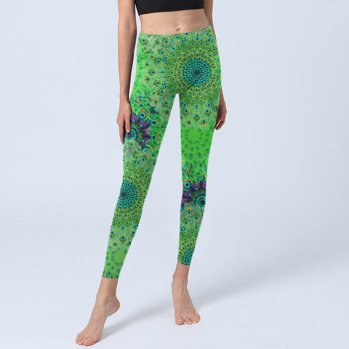 Leggings da palestra con stampa di piume di pavone verde Buddha Stones, pantaloni da yoga da donna