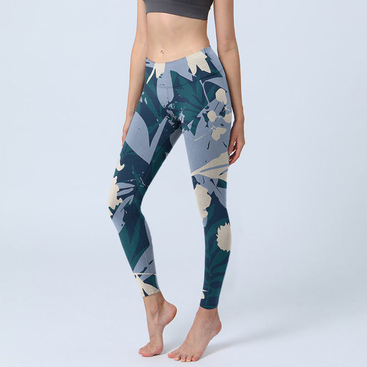 Leggings da palestra con stampa di foglie di pianta blu Buddha Stones, pantaloni da yoga da donna