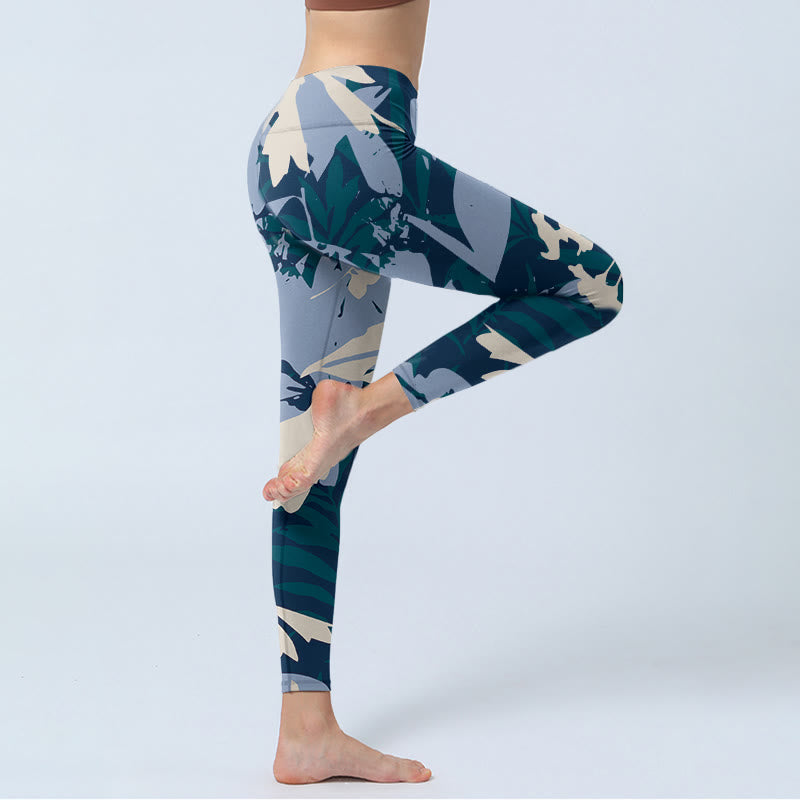 Leggings da palestra con stampa di foglie di pianta blu Buddha Stones, pantaloni da yoga da donna