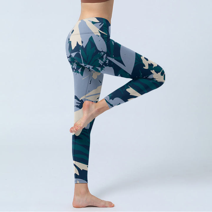Leggings da palestra con stampa di foglie di pianta blu Buddha Stones, pantaloni da yoga da donna