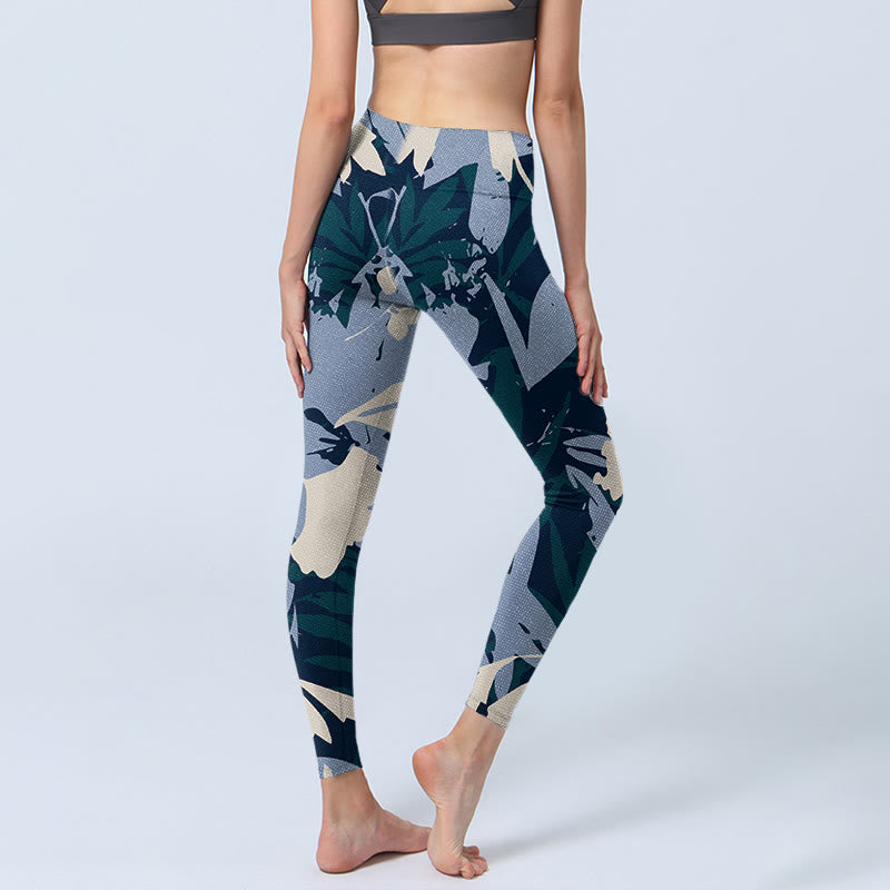 Leggings da palestra con stampa di foglie di pianta blu Buddha Stones, pantaloni da yoga da donna
