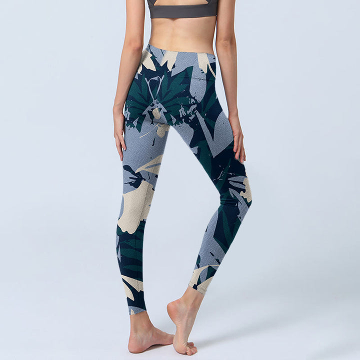 Leggings da palestra con stampa di foglie di pianta blu Buddha Stones, pantaloni da yoga da donna
