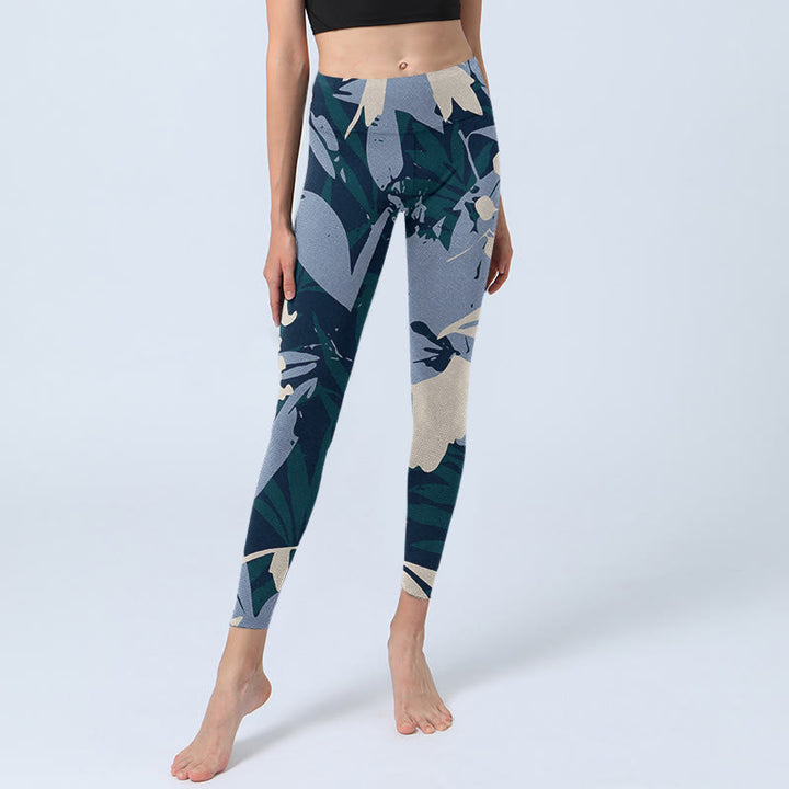Leggings da palestra con stampa di foglie di pianta blu Buddha Stones, pantaloni da yoga da donna