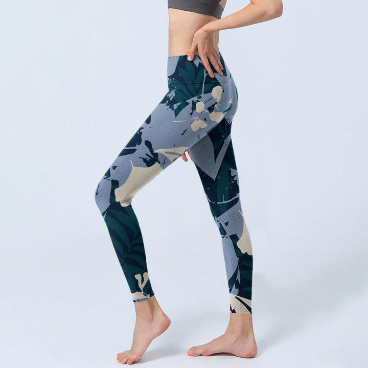 Leggings da palestra con stampa di foglie di pianta blu Buddha Stones, pantaloni da yoga da donna