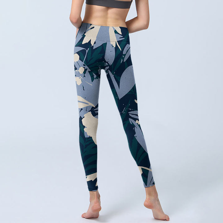Leggings da palestra con stampa di foglie di pianta blu Buddha Stones, pantaloni da yoga da donna