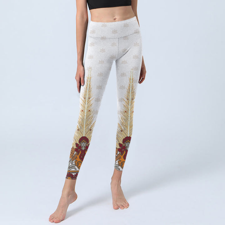Leggings da palestra con stampa di fiori di loto astratti bianchi Buddha Stones, pantaloni da yoga da donna