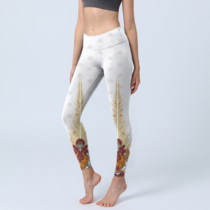 Leggings da palestra con stampa di fiori di loto astratti bianchi Buddha Stones, pantaloni da yoga da donna