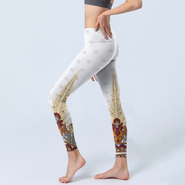 Leggings da palestra con stampa di fiori di loto astratti bianchi Buddha Stones, pantaloni da yoga da donna