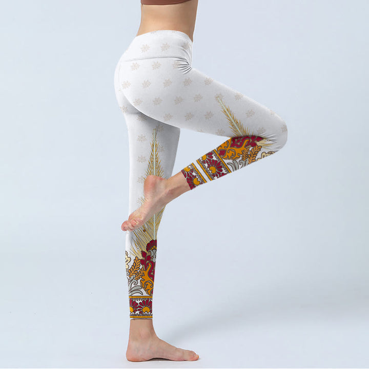 Leggings da palestra con stampa di fiori di loto astratti bianchi Buddha Stones, pantaloni da yoga da donna