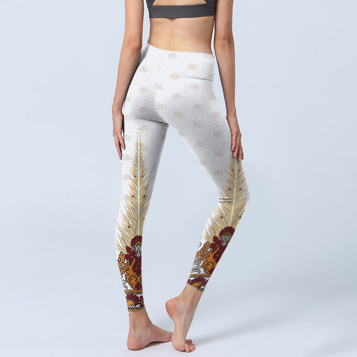 Leggings da palestra con stampa di fiori di loto astratti bianchi Buddha Stones, pantaloni da yoga da donna