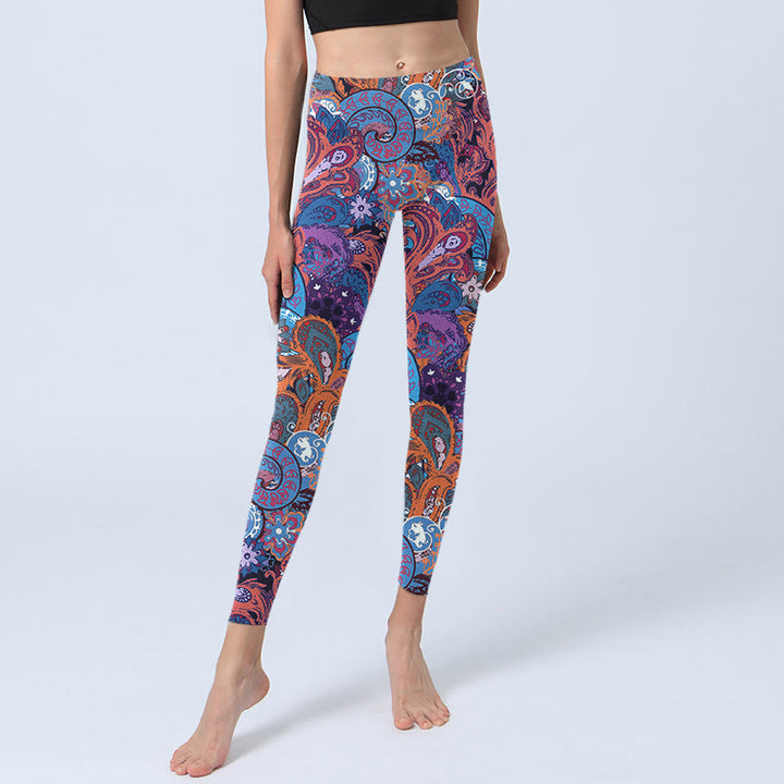 Leggings da palestra con stampa floreale e riccia di erba, motivo Buddha Stones, pantaloni da yoga da donna