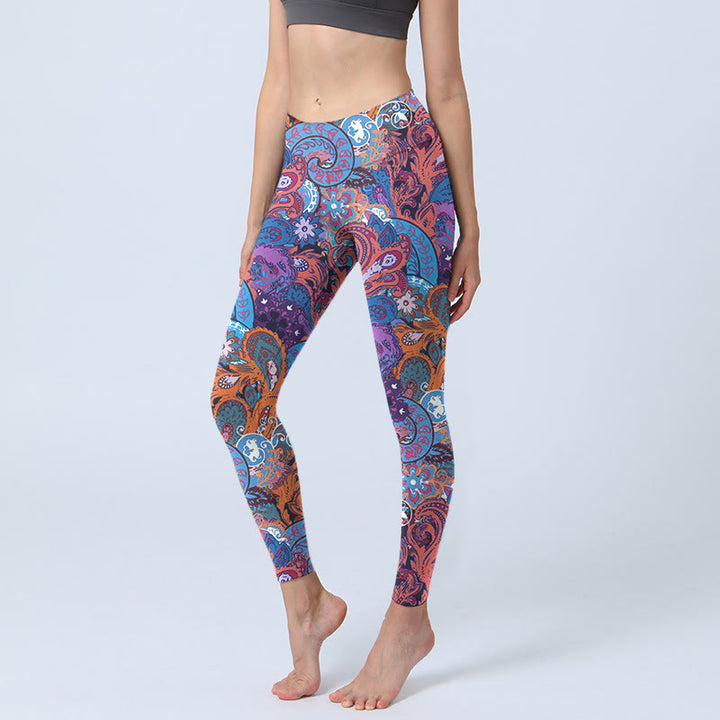 Leggings da palestra con stampa floreale e riccia di erba, motivo Buddha Stones, pantaloni da yoga da donna