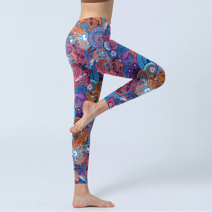 Leggings da palestra con stampa floreale e riccia di erba, motivo Buddha Stones, pantaloni da yoga da donna