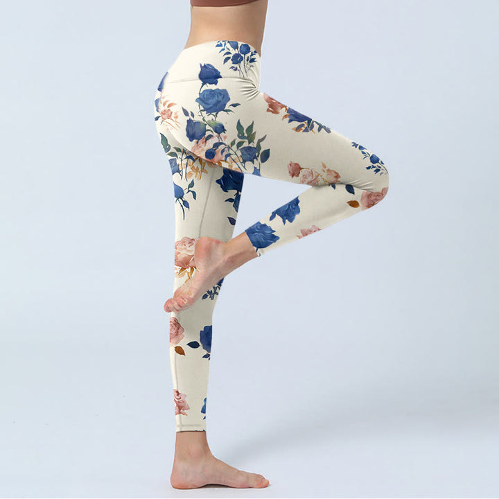 Leggings da palestra con stampa di foglie di rosa blu e rosso Buddha Stones, pantaloni da yoga da donna