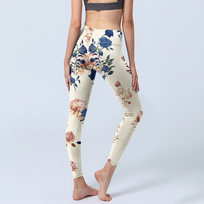 Leggings da palestra con stampa di foglie di rosa blu e rosso Buddha Stones, pantaloni da yoga da donna