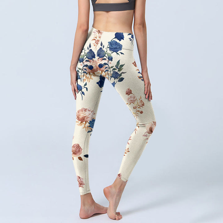 Leggings da palestra con stampa di foglie di rosa blu e rosso Buddha Stones, pantaloni da yoga da donna
