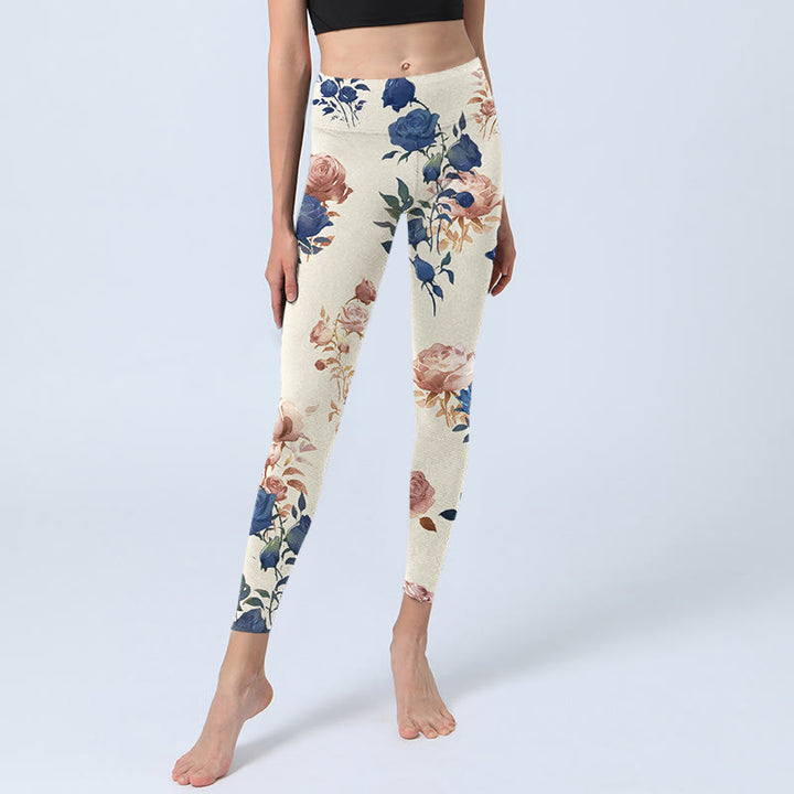 Leggings da palestra con stampa di foglie di rosa blu e rosso Buddha Stones, pantaloni da yoga da donna