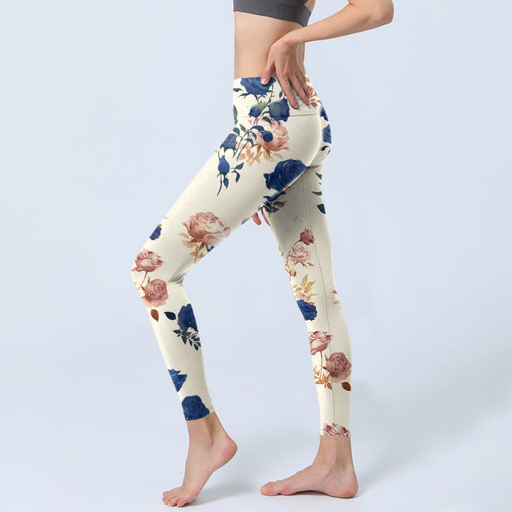 Leggings da palestra con stampa di foglie di rosa blu e rosso Buddha Stones, pantaloni da yoga da donna