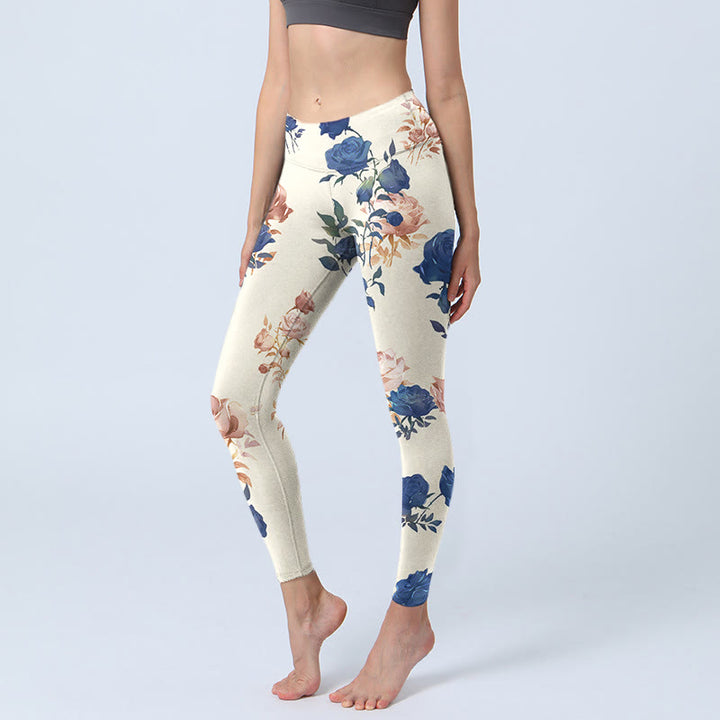 Leggings da palestra con stampa di foglie di rosa blu e rosso Buddha Stones, pantaloni da yoga da donna