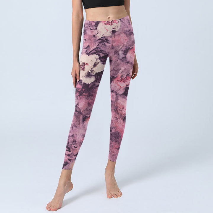 Leggings da palestra con stampa di fiori di peonia viola e Buddha Stones, pantaloni da yoga da donna
