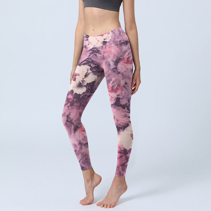 Leggings da palestra con stampa di fiori di peonia viola e Buddha Stones, pantaloni da yoga da donna - Orchidea - US18, UK/AU22, EU50 (4XL) - image 1