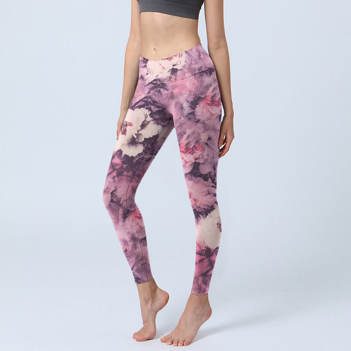 Leggings da palestra con stampa di fiori di peonia viola e Buddha Stones, pantaloni da yoga da donna