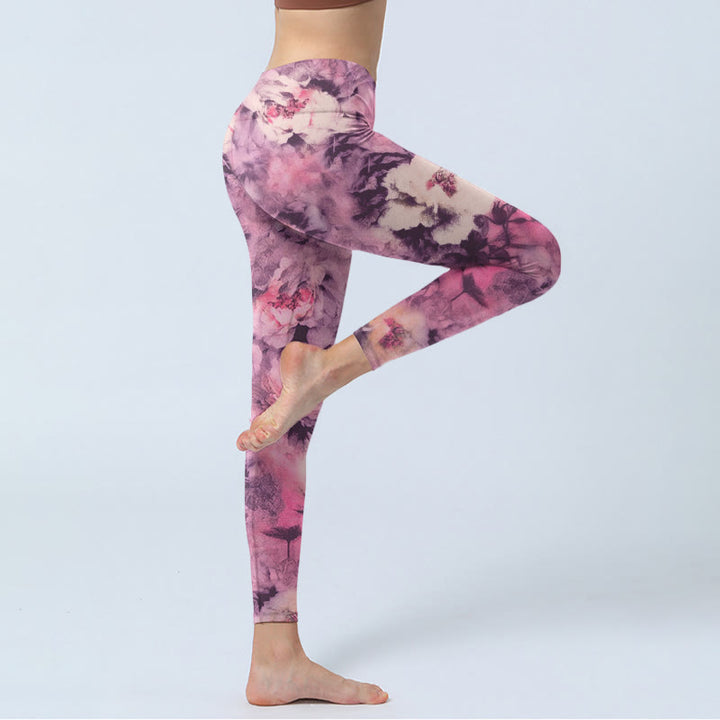 Leggings da palestra con stampa di fiori di peonia viola e Buddha Stones, pantaloni da yoga da donna