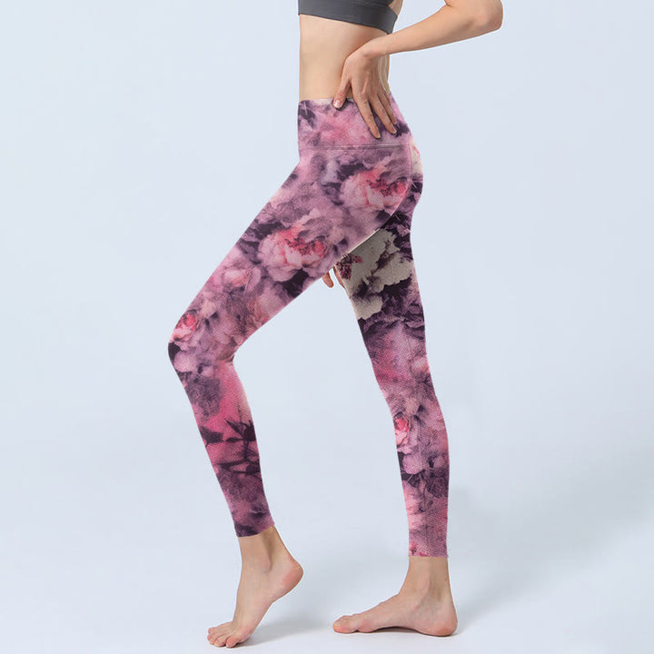 Leggings da palestra con stampa di fiori di peonia viola e Buddha Stones, pantaloni da yoga da donna