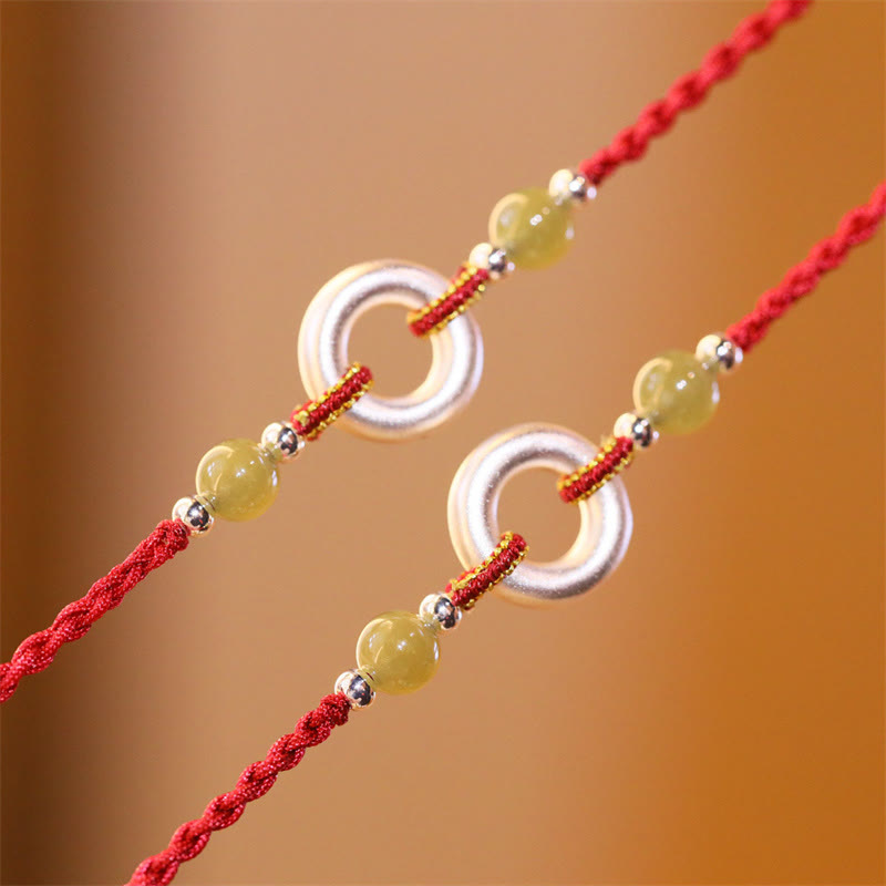 Braccialetto in corda rossa fatto a mano con fibbia della pace in argento sterling 999 con Buddha Stones e giada Hetian