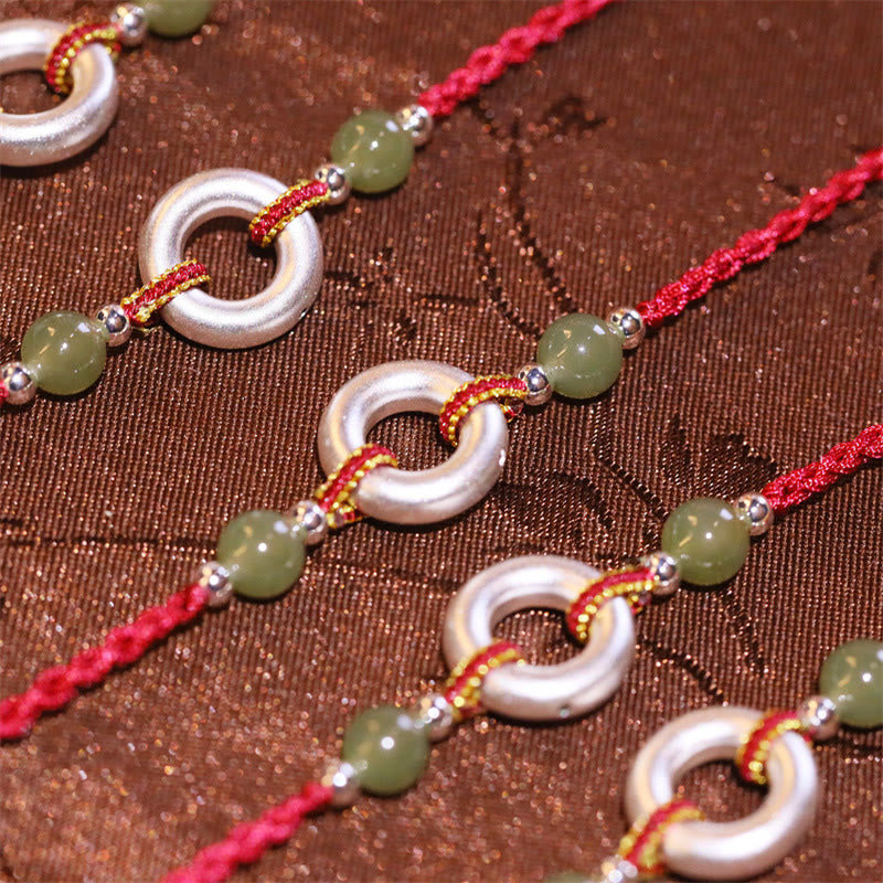 Braccialetto in corda rossa fatto a mano con fibbia della pace in argento sterling 999 con Buddha Stones e giada Hetian