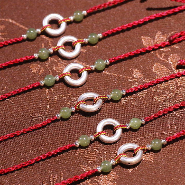 Braccialetto in corda rossa fatto a mano con fibbia della pace in argento sterling 999 con Buddha Stones e giada Hetian