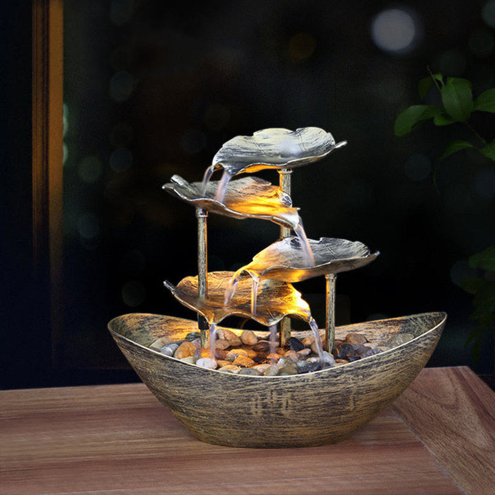 Buddha Stones a forma di foglia di loto, fontana a cascata, ornamenti da tavolo con luce LED, decorazione per ufficio domestico e scrivania