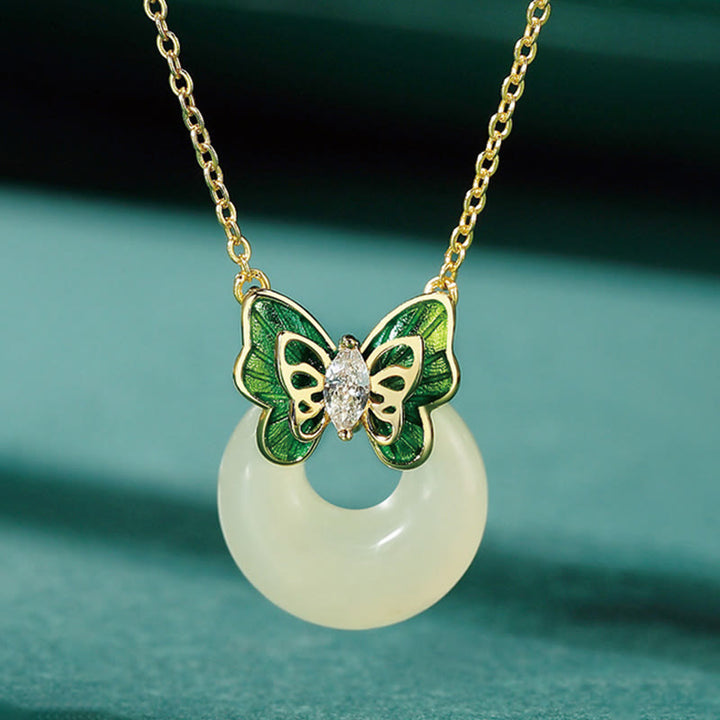 Buddha Stones 925 Sterling Silver Hetian Jade naturale Peace Buckle Butterfly Zircone Luck Bracciale Collana Pendente